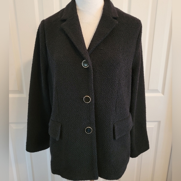 St John Black Boucle' Knit Jacket With Gold Trimmed Buttons Size 16 - Picture 2 of 11
